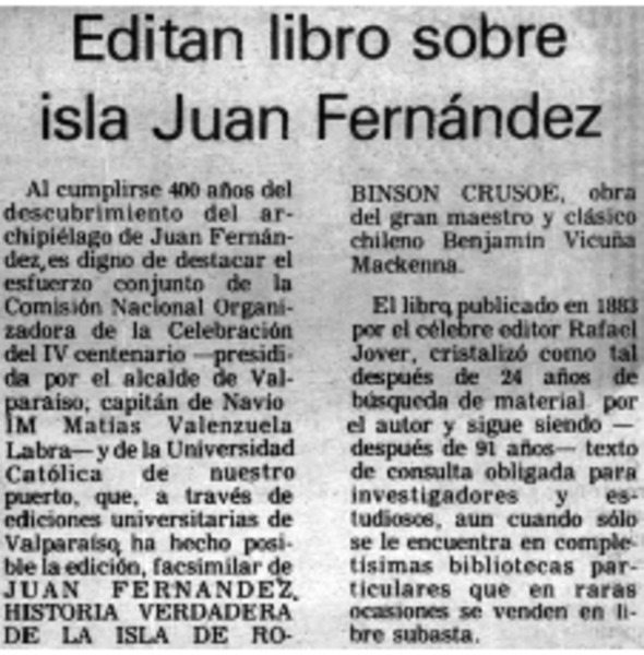 Editan Libro Sobre Isla Juan Fernández [artículo] Biblioteca